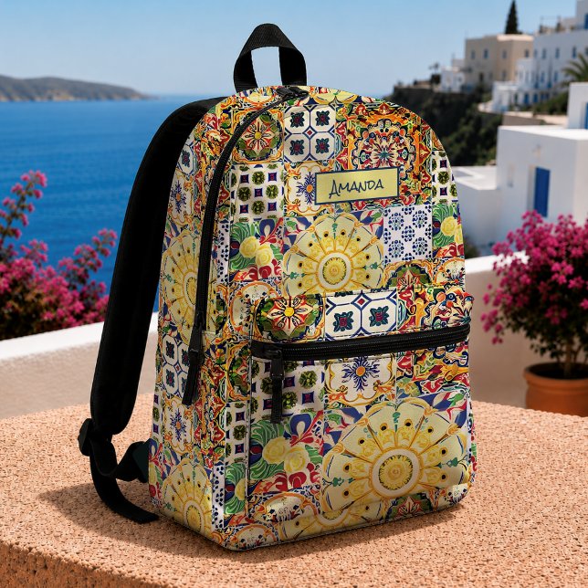 Chic Geometric Orange Mediterranean Tile Monogram Printed Backpack (Creator Uploaded)