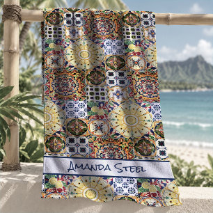 Chic Geometric Orange Mediterranean Tiles Monogram Beach Towel