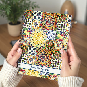Chic Geometric Orange Mediterranean Tiles Monogram Notebook