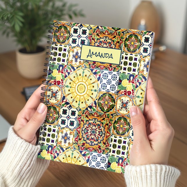 Chic Geometric Orange Mediterranean Tiles Monogram Notebook (Creator Uploaded)