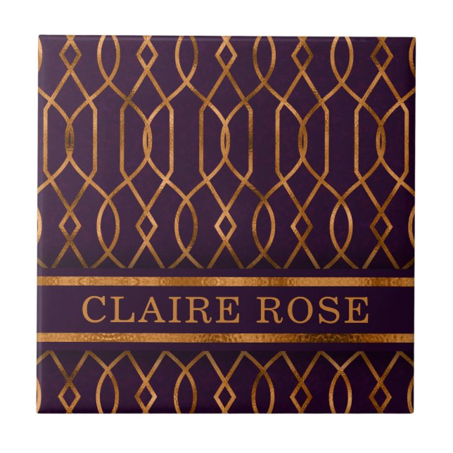 Chic Geometric Purple Gold Lattice Pattern Tile (Front)