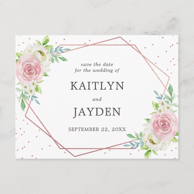 Chic Geometric Rose Gold Foil Floral Save The Date Announcement Postcard (Front)
