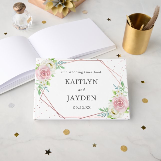 Chic Geometric Rose Gold Foil Floral Wedding Guest Book (Front Open)