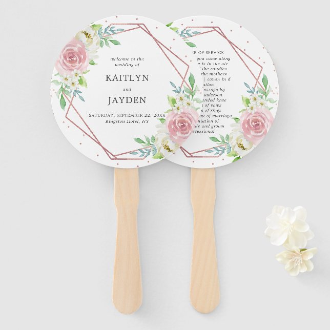Chic Geometric Rose Gold Foil Floral Wedding Hand Fan (Front and Back)