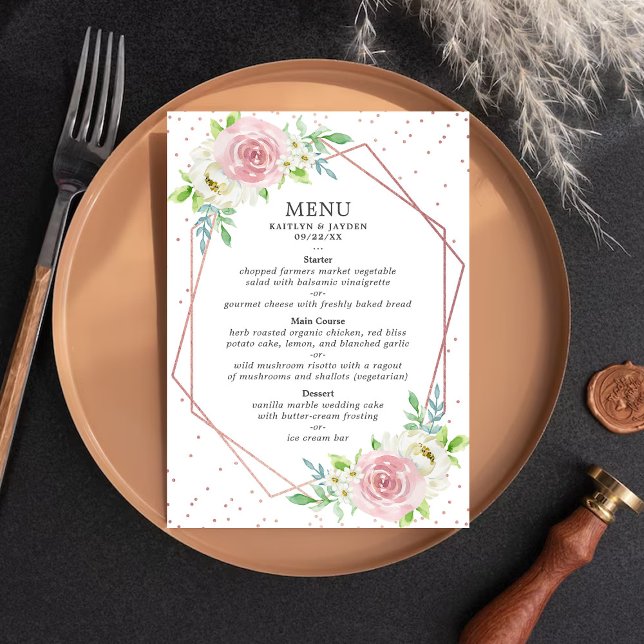 Chic Geometric Rose Gold Foil Floral Wedding Menu (Creator Uploaded)