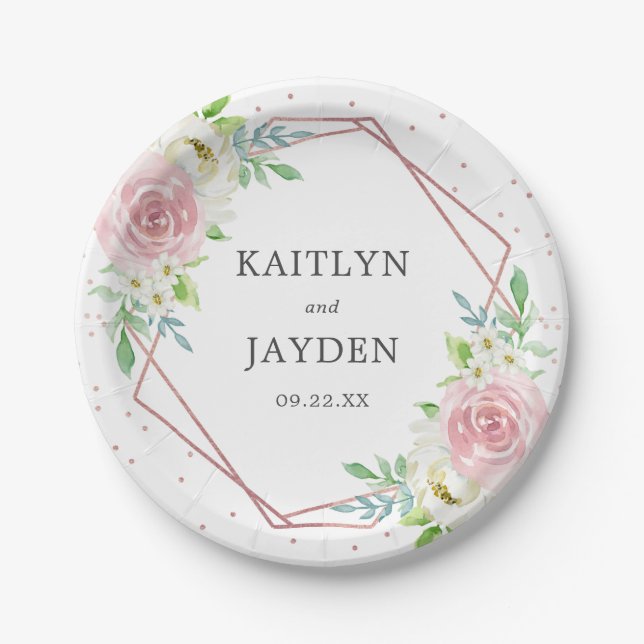 Chic Geometric Rose Gold Foil Floral Wedding Paper Plate (Front)