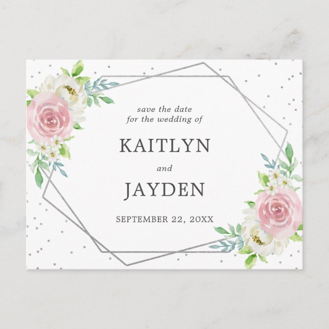 Chic Geometric Silver Foil Floral Save The Date Announcement Postcard (Front)