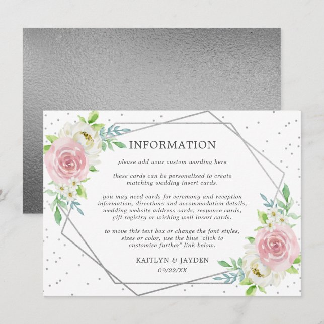 Chic Geometric Silver Foil Floral Wedding Detail Invitation (Front/Back)