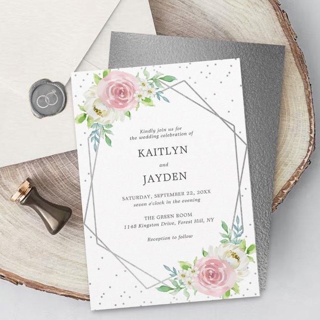 Chic Geometric Silver Foil Floral Wedding Invitation (Creator Uploaded)