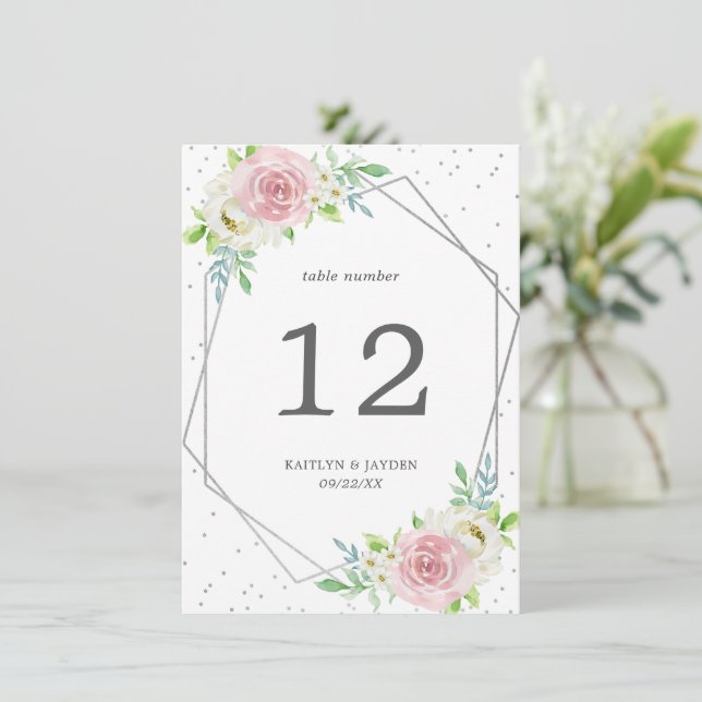 Chic Geometric Silver Foil Floral Wedding Invitation (Standing Front)