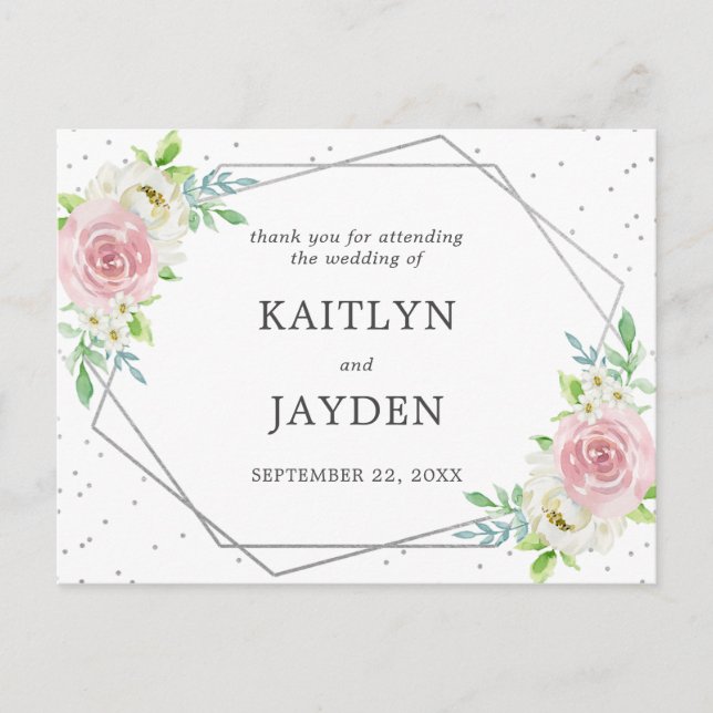 Chic Geometric Silver Foil Floral Wedding Postcard (Front)