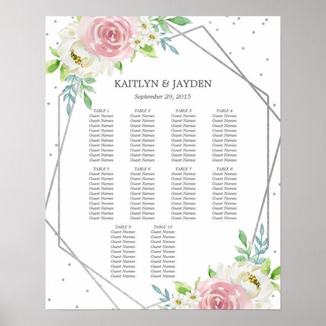 Chic Geometric Silver Foil Floral Wedding Poster (Front)