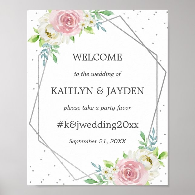Chic Geometric Silver Foil Floral Wedding Poster (Front)