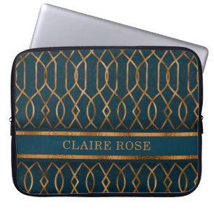 Chic Geometric Teal Gold Lattice Pattern Laptop Sleeve