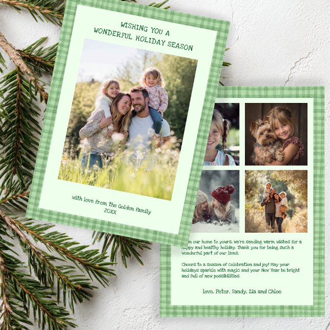 Chic Gingham Christmas Green Custom 5 Photo  Holiday Card (Chic Gingham Christmas Green Custom 5 Photo Preppy Holiday Card
)