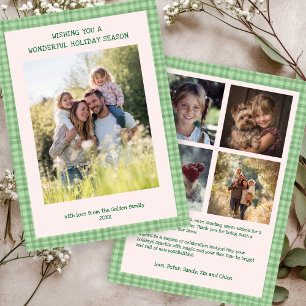 Chic Gingham Christmas Pink Green Custom 5 Photo  Holiday Card