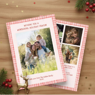 Chic Gingham Christmas Pink Red Custom 5 Photo Holiday Card