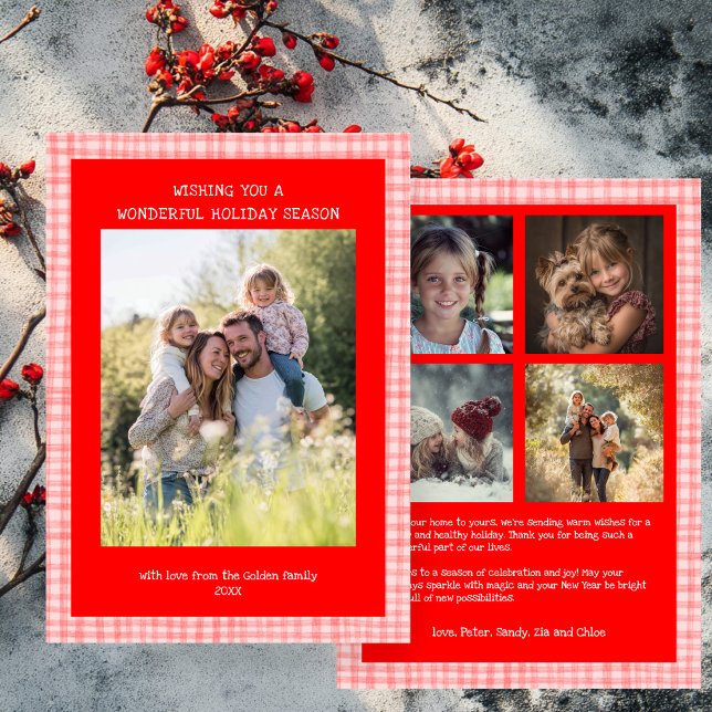 Chic Gingham Christmas Pink Red Custom 5 Photo  Holiday Card (Chic Gingham Christmas Pink Red Custom 5 Photo Holiday Card
)