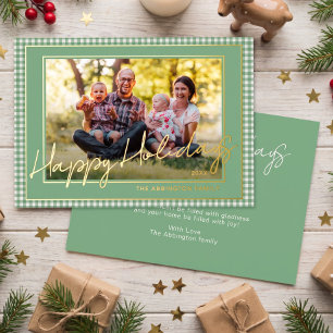 Chic Gingham Gold Foil Happy Holidays Family Photo