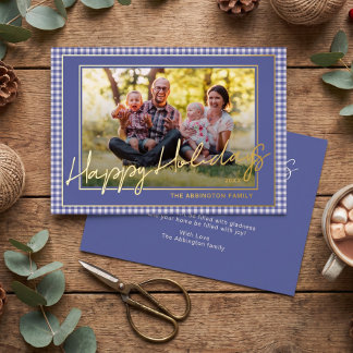 Chic Gingham Gold Foil Happy Holidays Family Photo