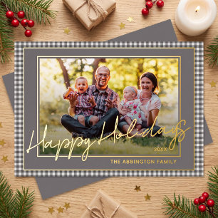 Chic Gingham Gold Foil Happy Holidays Family Photo