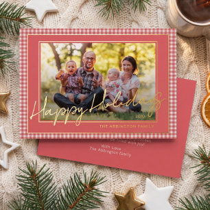 Chic Gingham Gold Foil Happy Holidays Family Photo