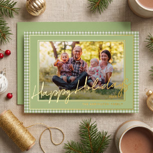 Chic Gingham Gold Foil Happy Holidays Family Photo