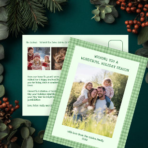 Chic Gingham Green Christmas Custom 3 Photo Holiday Postcard