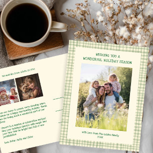 Chic Gingham Green Christmas Custom 3 Photo  Holiday Postcard