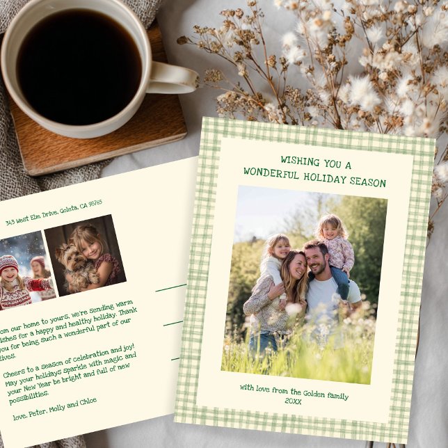 Chic Gingham Green Christmas Custom 3 Photo  Holiday Postcard (Chic Gingham Green yellow Christmas Custom 3 Photo Holiday Postcard
)
