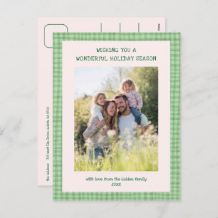 Chic Gingham Green Christmas Custom 3 Photo  Holiday Postcard