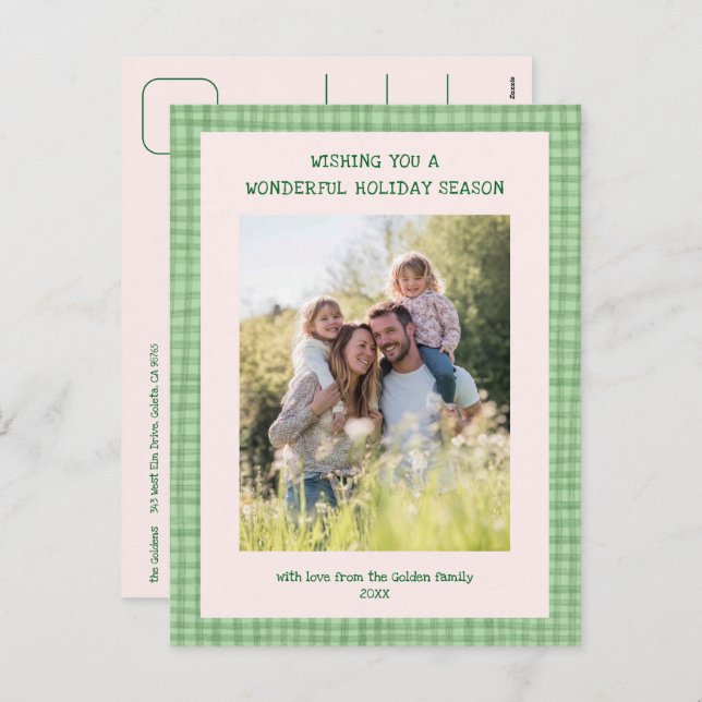 Chic Gingham Green Christmas Custom 3 Photo  Holiday Postcard (Front/Back)