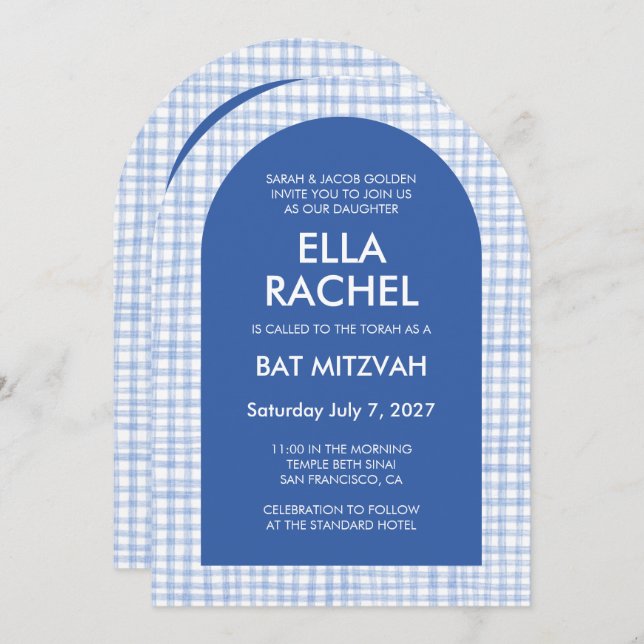 Chic Gingham Modern Custom QR Bat Bar Mitzvah Arch Invitation (Front/Back)