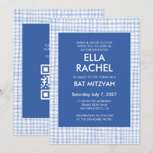 Chic Gingham Modern Custom QR CODE Bat Bar Mitzvah Invitation