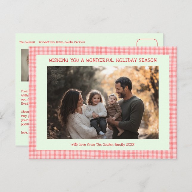 Chic Gingham Pink Green Christmas Custom 3 Photo  Holiday Postcard (Front/Back)