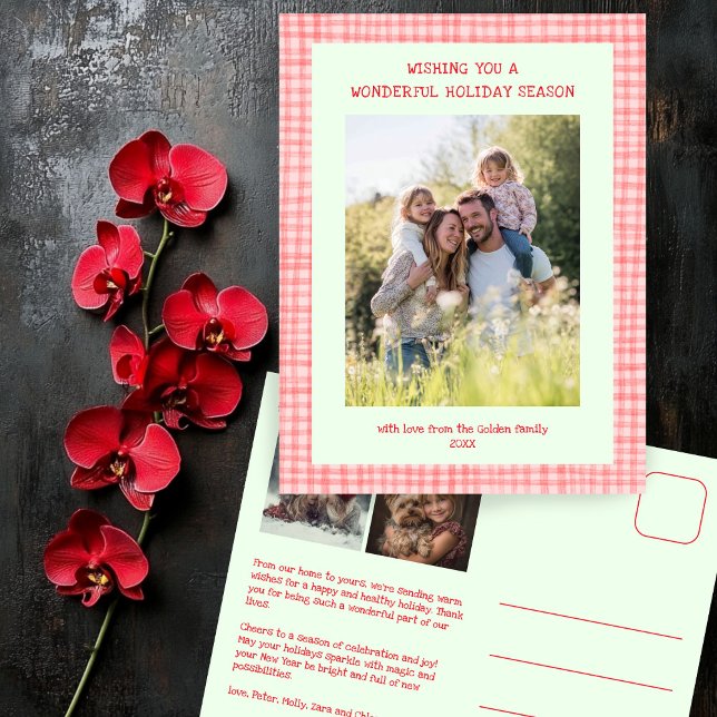 Chic Gingham Pink Green Christmas Custom 3 Photo  Holiday Postcard (Chic Gingham Pink Green Christmas Custom 3 Photo Family Holiday Postcard
)