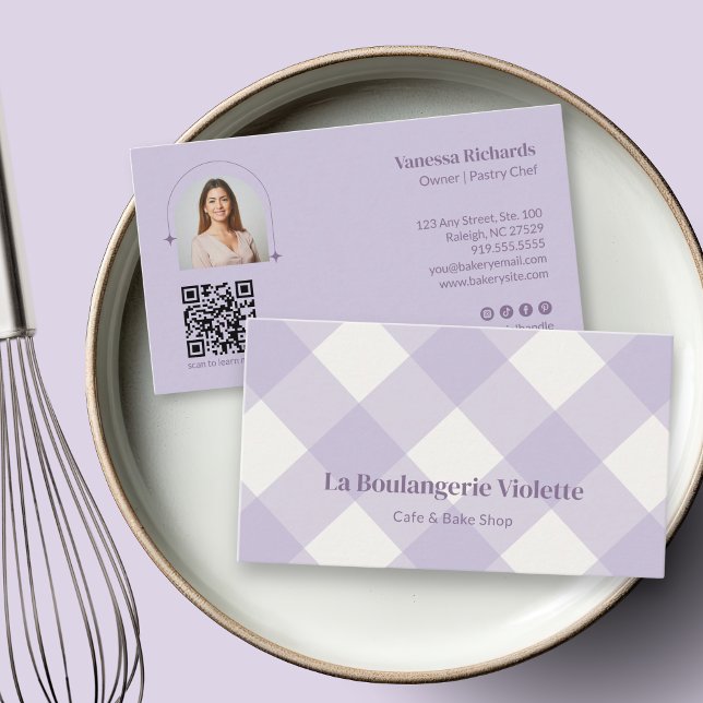 Chic Gingham Purple Bakery QR Photo  Business Card (Creator Uploaded)