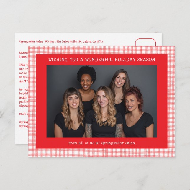 Chic Gingham Red White Christmas Custom Business  Holiday Postcard (Front/Back)