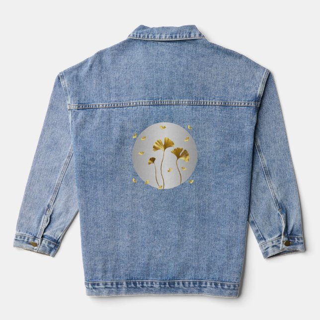 Chic Ginkgo Leaf-Patterned Denim Jacket (Back)