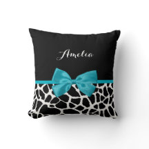 Chic Giraffe Print Aqua Blue Ribbon Bow With Name