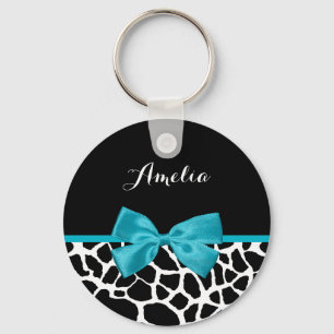 Chic Giraffe Print Aqua Blue Ribbon Bow With Name Key Ring