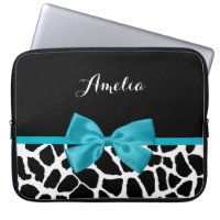 Chic Giraffe Print Aqua Blue Ribbon Bow With Name