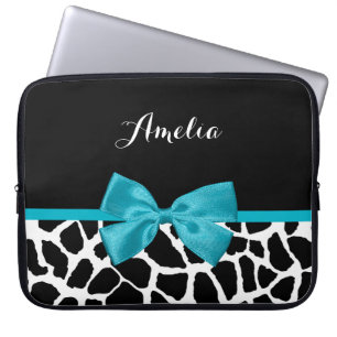 Chic Giraffe Print Aqua Blue Ribbon Bow With Name Laptop Sleeve