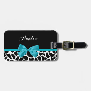 Chic Giraffe Print Aqua Blue Ribbon Bow With Name Luggage Tag