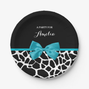 Chic Giraffe Print Aqua Blue Ribbon Bow With Name Paper Plate