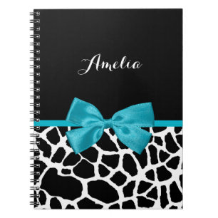 Chic Giraffe Print Aqua Blue Ribbon Bow With Name Spiral Notebook