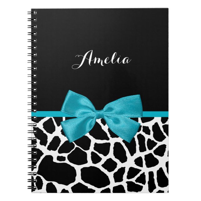 Chic Giraffe Print Aqua Blue Ribbon Bow With Name Spiral Notebook (Front)