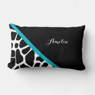 Chic Giraffe Print Aqua Blue Stripe With Name Lumbar Cushion