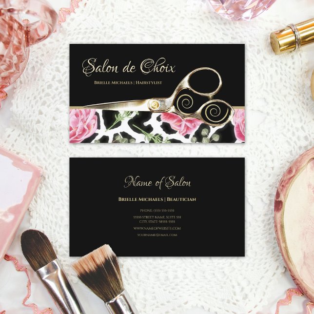 Chic Giraffe Print Pink Floral Gold Scissors Salon Business Card (Chic Giraffe Print Pink Floral Gold Scissors Salon Business Cards)
