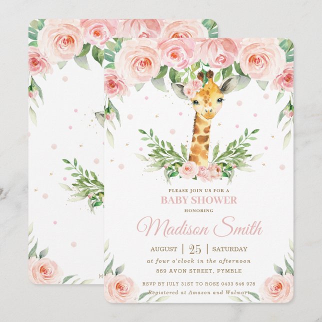 Chic Giraffe Safari Pink Blush Floral Baby Shower  Invitation (Front/Back)